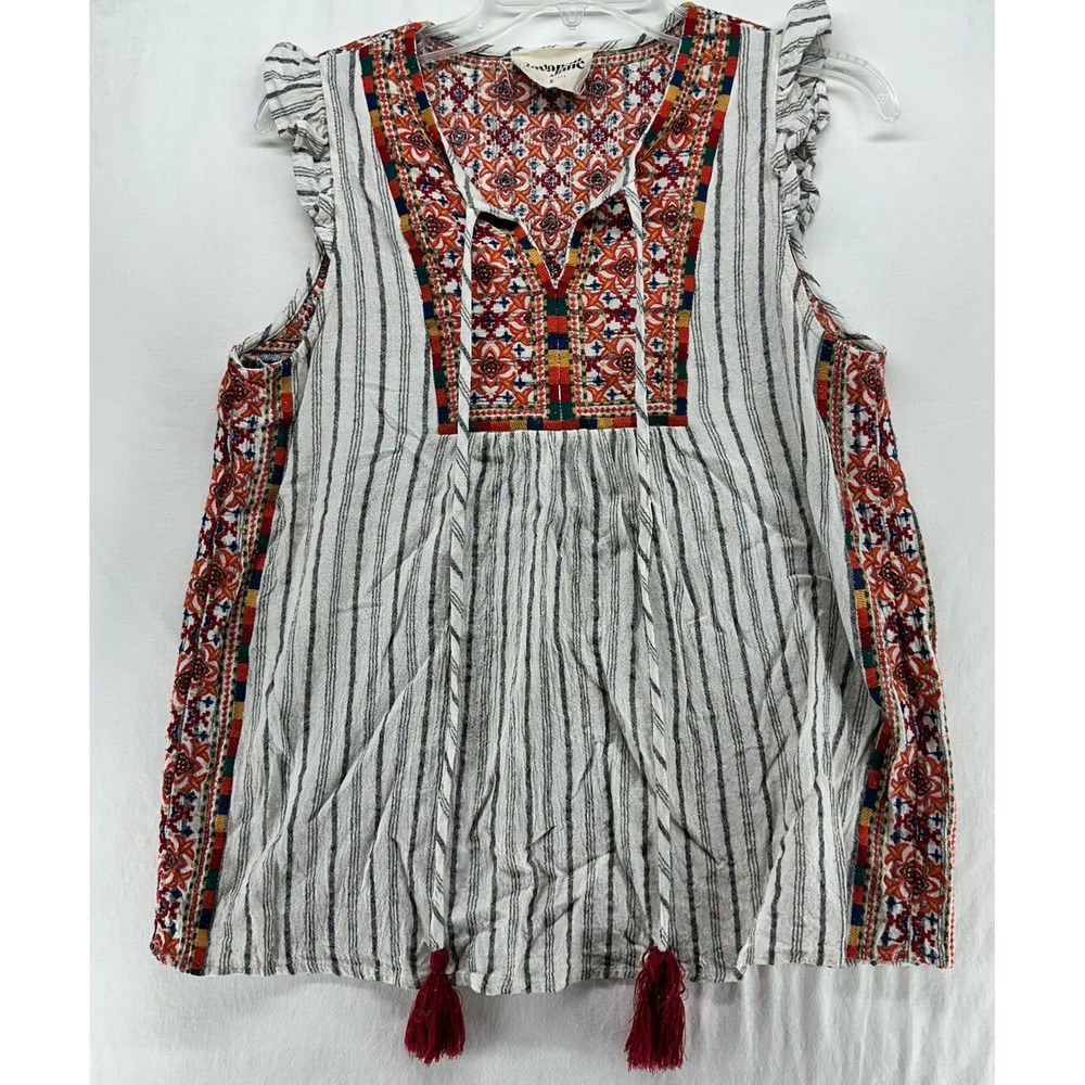 Savanna Jane Embroidered Tassel Boho Blouse Sleeveless Stripe Top Small